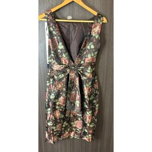 Louche Sheath Dress‎ Women's 10S Multicolor Lined Floral Plunge V-Neck Bow Front